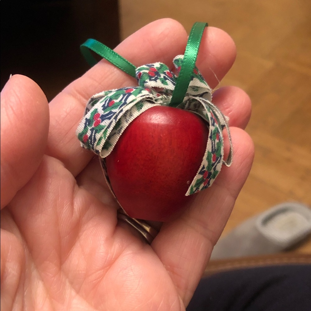 Grannycore Red Wooden Victorian Apple Ornament with Green Ribbon
